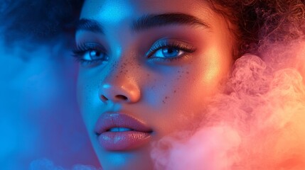 Close-up portrait of a woman with glowing freckles in surreal smoke