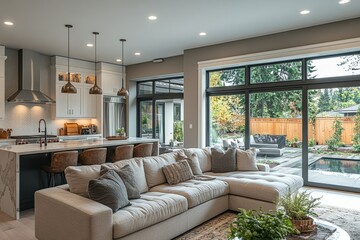 Stylish luxury open kitchen with waterfall countertop modern living room home interior bright atmosphere contemporary design high fidelity concept