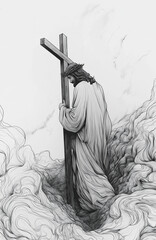 Obraz premium Illustration of Jesus Christ wearing a crown of thorns, Easter, Christmas, Lent, Thanksgiving, Golgotha ​​Hill, Cross