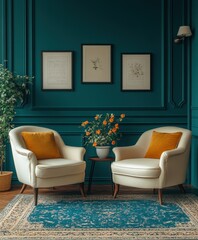 Elegant lounge chairs and sofa against teal classic paneling in cozy living room interior design warm atmosphere inviting space