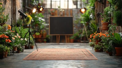 Outdoor artistic setup with plants and natural light