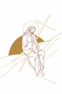 jesus holding cross gold line art clip art preview