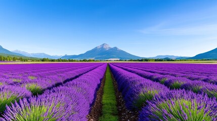 Naklejka premium A vibrant lavender field under a clear blue sky with mountains.