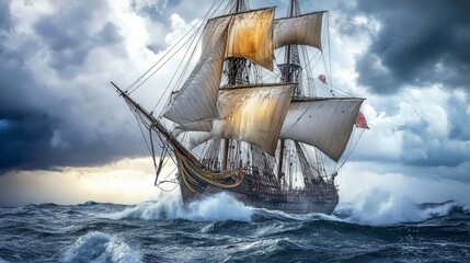 Obraz premium A ship sailing through stormy seas during the Age of Exploration.
