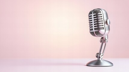 Retro silver microphone on stand against soft pink background