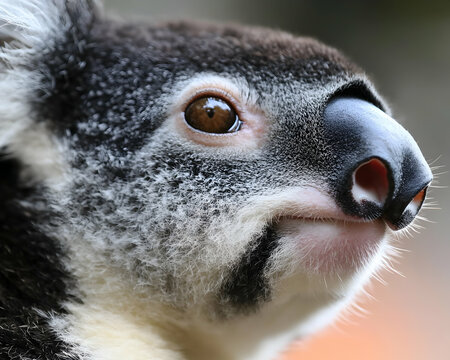 Close-up portrait of a koala, showcasing its fur, eye, and nose.  A captivating wildlife image perfect for nature documentaries or educational materials.