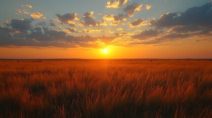 Fototapeta premium Vibrant sunset over a golden field of tall grass.