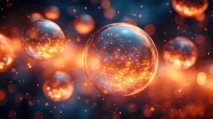 Abstract glowing bubbles floating in radiant orange light