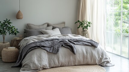 Serene minimalist bedroom with soft gray bedding natural light cozy atmosphere modern design tranquil environment for relaxation