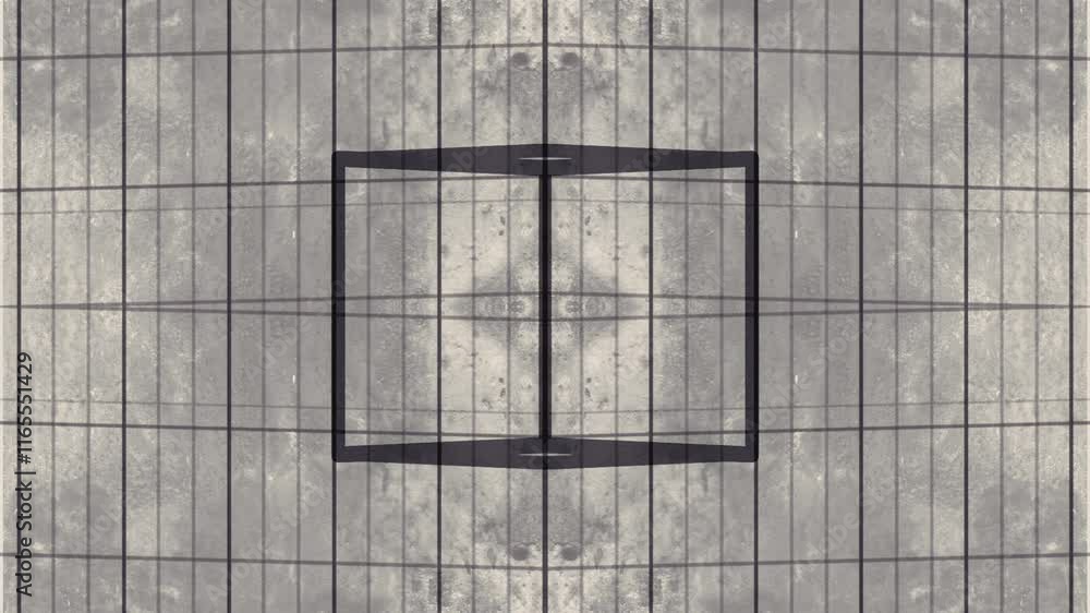 Poster Flat digital loop animation in a minimalist style. Symmetrical pattern of black geometric shapes on gray scratched surface. Optical illusion of orthogonal projection. 3d rendering 4K
