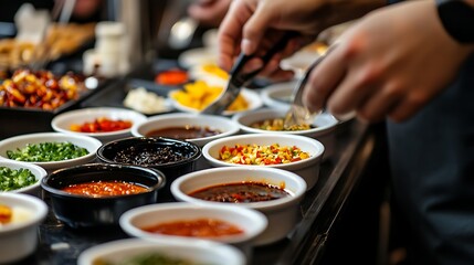 Fototapeta premium A variety of small bowls filled with different Asian sauces and dips, such as soy sauce, hoisin sauce, and chili paste, arranged on a table at a cultural celebration with people enjoying the 