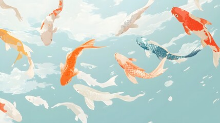 Colorful Koi Fish Swimming in Surreal Sky-Like Waters with Cloud Patterns