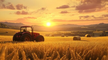 Fototapeta premium A tractor parked in a golden wheat field during sunset, with bales of hay in the background. 
