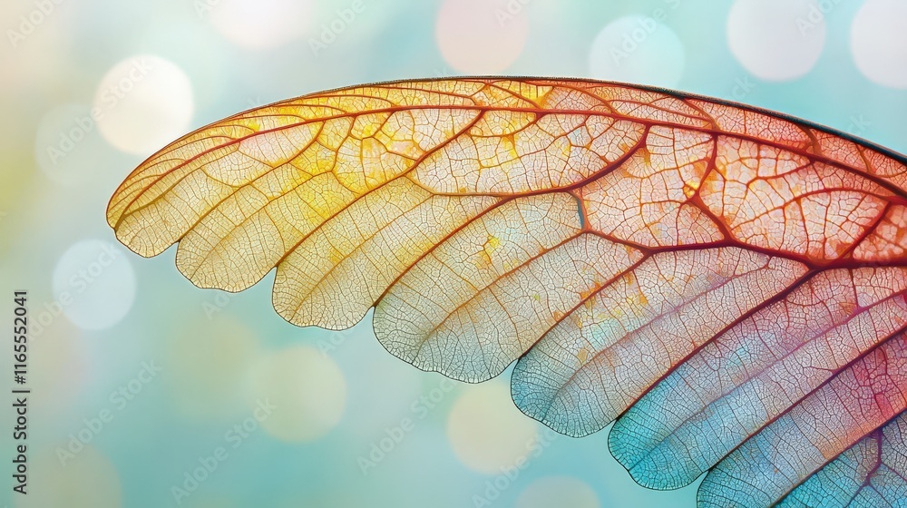 Poster close-up detail of colorful insect wing with intricate veins and soft bokeh background