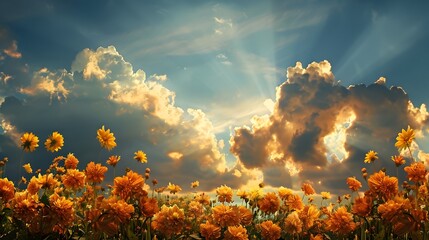 Golden Sunlight Streaming Through Fluffy Clouds Over Yellow Flowers