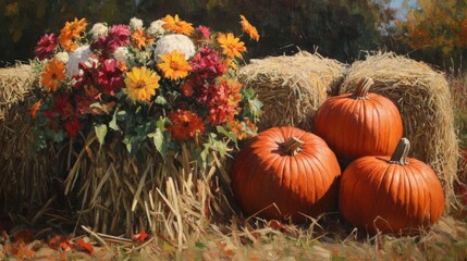 Autumn Harvest Festival with Pumpkins and Hay Bales