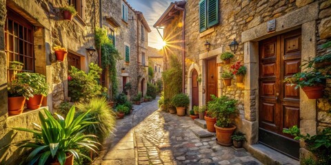 Obraz premium Sunlight Bathes a Quaint Stone Street with Potted Plants, Casting Long Shadows on the Cobblestones