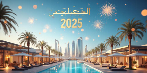 Vibrant Cityscape with "2025" Neon Sign