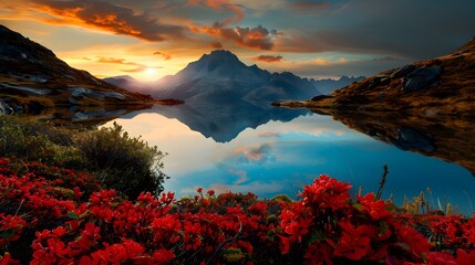 Tranquil Vibrant Sunset Reflecting on Lake Surrounded by Nature