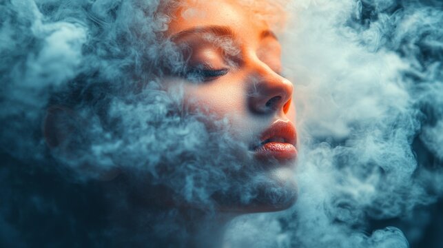 Woman in swirling blue mist with dreamy expression