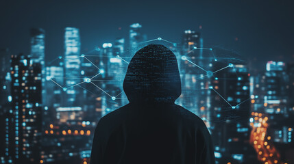 Hacker are planning to hack and attack networks and cyber security systems. Smart Innovation city with connection future wireless digital city and social media networking over the cityscape.