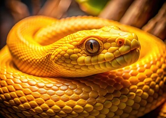 Fototapeta premium Extreme Close Up Yellow Snake - Natural Background, Copy Space