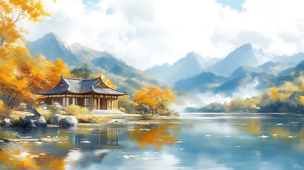 Obraz premium Autumnal Pavilion Lakeside Mountain Scene