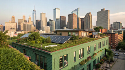 Fototapeta premium city skyline featuring mix of traditional and modern architecture, with green rooftop garden and solar panels. scene captures urban sustainability and innovation