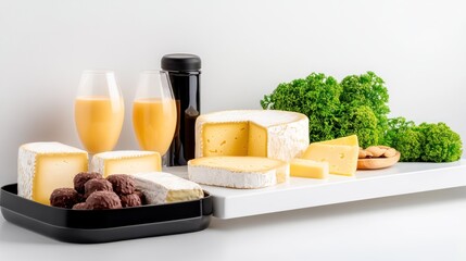 A cheese platter with drinks and vegetables for a casual gathering.