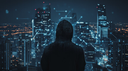 Fototapeta premium Hacker are planning to hack and attack networks and cyber security systems. Smart Innovation city with connection future wireless digital city and social media networking over the cityscape.