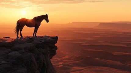 A wild stallion standing on a rocky cliff, overlooking a vast desert landscape at dawn.