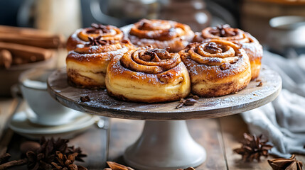 Freshly baked cinnamon rolls on a round cake stand in a cozy kitchen setting with copy space