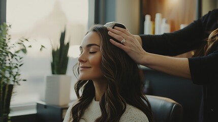 A woman is getting her hair done by a stylist