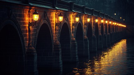 Illuminated stone bridge at night.