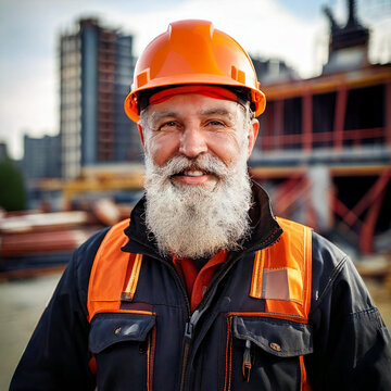 Retrato de obrero senior con casco naranja en proyecto de edificaci&oacute;n y barba blanca. jubilaci&oacute;n. Hombre trabajador. hombre sonrientes con barba blanca.