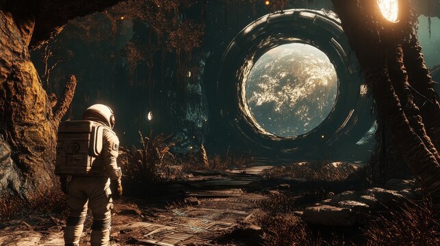 lone astronaut exploring an abandoned, alien-like structure on a distant planet. 