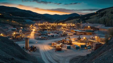 Naklejka premium Illuminated mining site at dusk in mountainous region.
