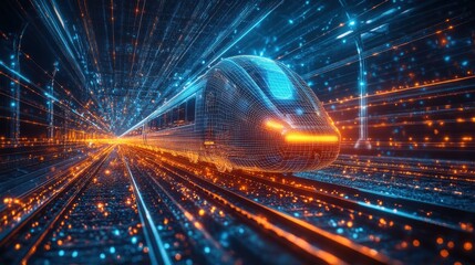 Futuristic train journey urban city digital illustration high-tech environment aerial innovation