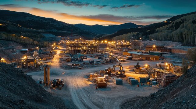 Illuminated mining site at dusk in mountainous region.