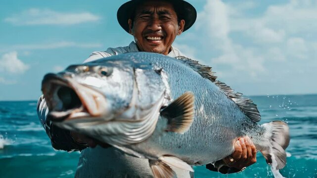 Smiling fisherman showcases large fish catch against vibrant ocean backdrop, celebrating joy of outdoor hobby and beauty of nature in water.