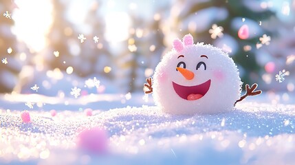 Obraz premium Happy snowman in snowy winter scene with pink bokeh.