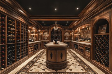 Elegant luxury basement wine cellar design with custom wooden racks high fidelity wine storage cozy intimate environment modern aesthetics