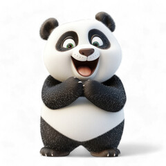 3D Cartoon happy panda character smiling and excited while standing with paws together isolated on transparent background PNG