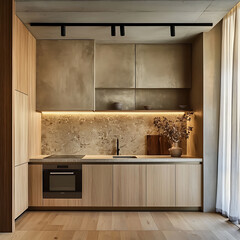 in a small apartment with a beige backsplash and natural wood accents, image size 16:9 