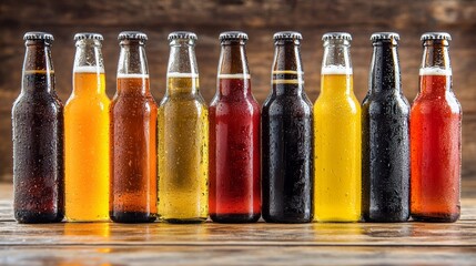Refreshing Craft Beer Selection Nine Diverse Bottles on Rustic Wooden Table, Beverage Photography