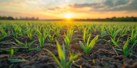 sunlight on small baby corn plant farmland morning agricultural low angle view