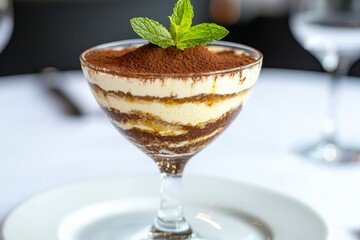 Creamy dessert with chocolate layers and mint garnish in elegant glass dish