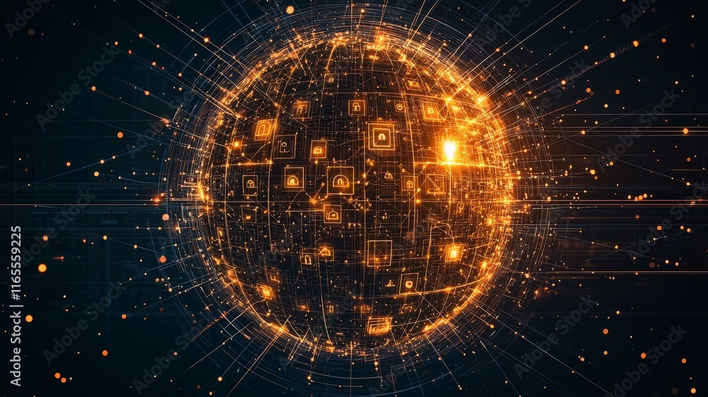 Poster a glowing spherical network with intricate patterns and vibrant light trails, symbolizing technology