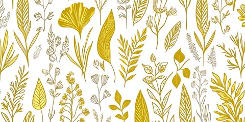 Golden botanical seamless pattern with various leaves and flowers on white background.