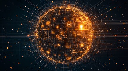 Obraz premium A glowing spherical network with intricate patterns and vibrant light trails, symbolizing technology and connectivity.